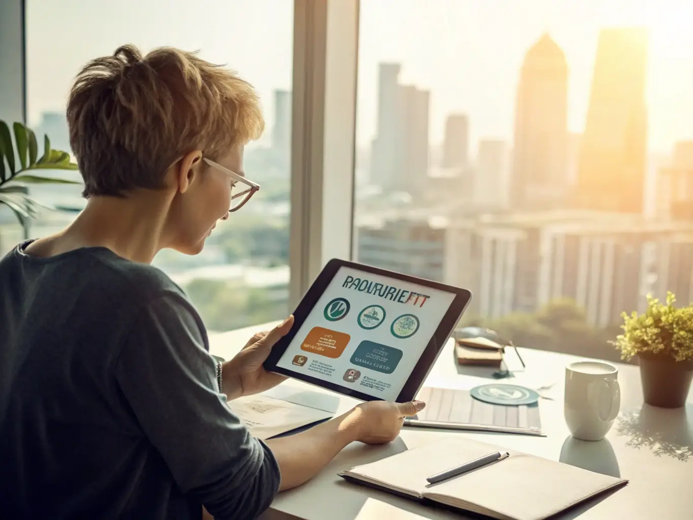 A professional using a tablet to manage digital banking transactions, showcasing the ease and accessibility of INVESTKREDIT BANK AG's digital solutions.