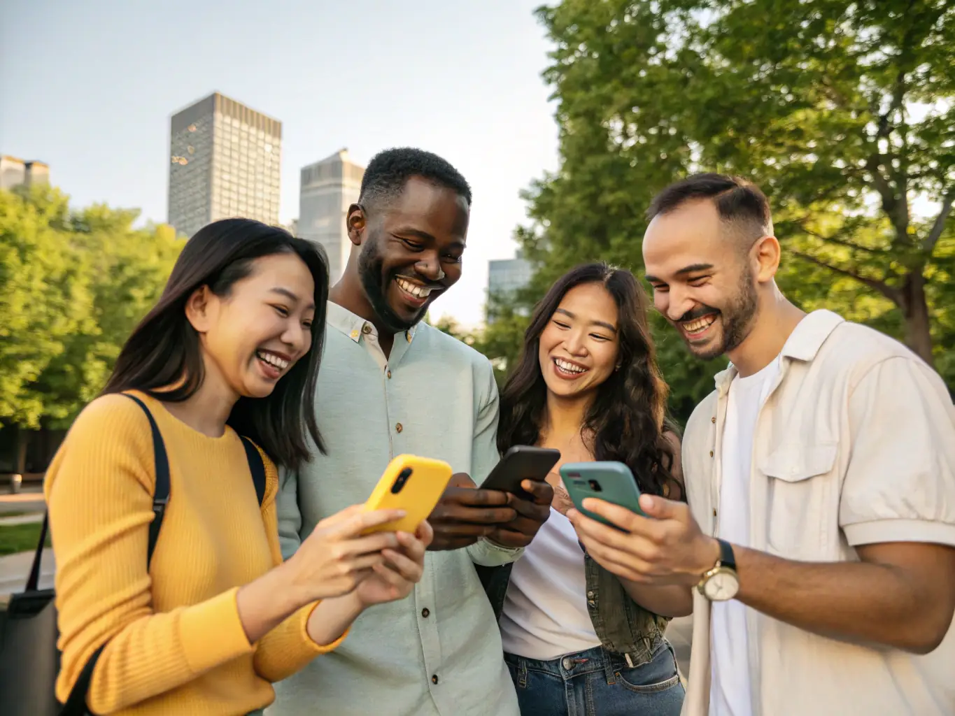 A diverse group of people using e-money services on their mobile devices, showcasing the convenience and accessibility of Investkredit Bank AG's e-money solutions.