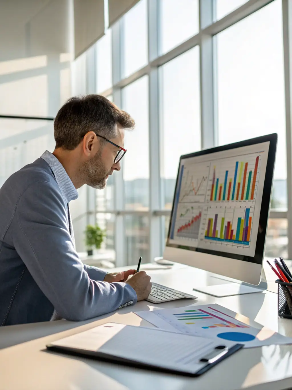 A professional working on a laptop, reviewing financial statements and managing accounts, symbolizing efficient account management services.