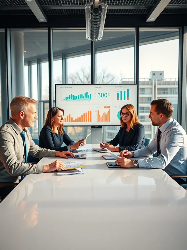A diverse group of people collaborating in a modern office space, discussing investment strategies and financial planning, representing personalized financial advice.