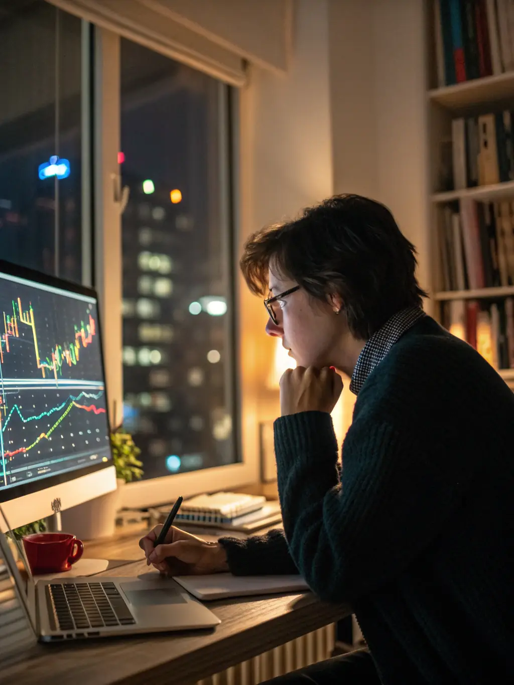 A professional investor analyzing market data on multiple screens in a modern office setting, representing strategic investment decisions.