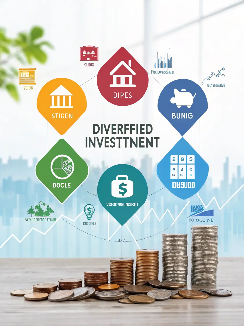 A diverse portfolio of stocks, bonds, and real estate investments, illustrating the concept of diversification.