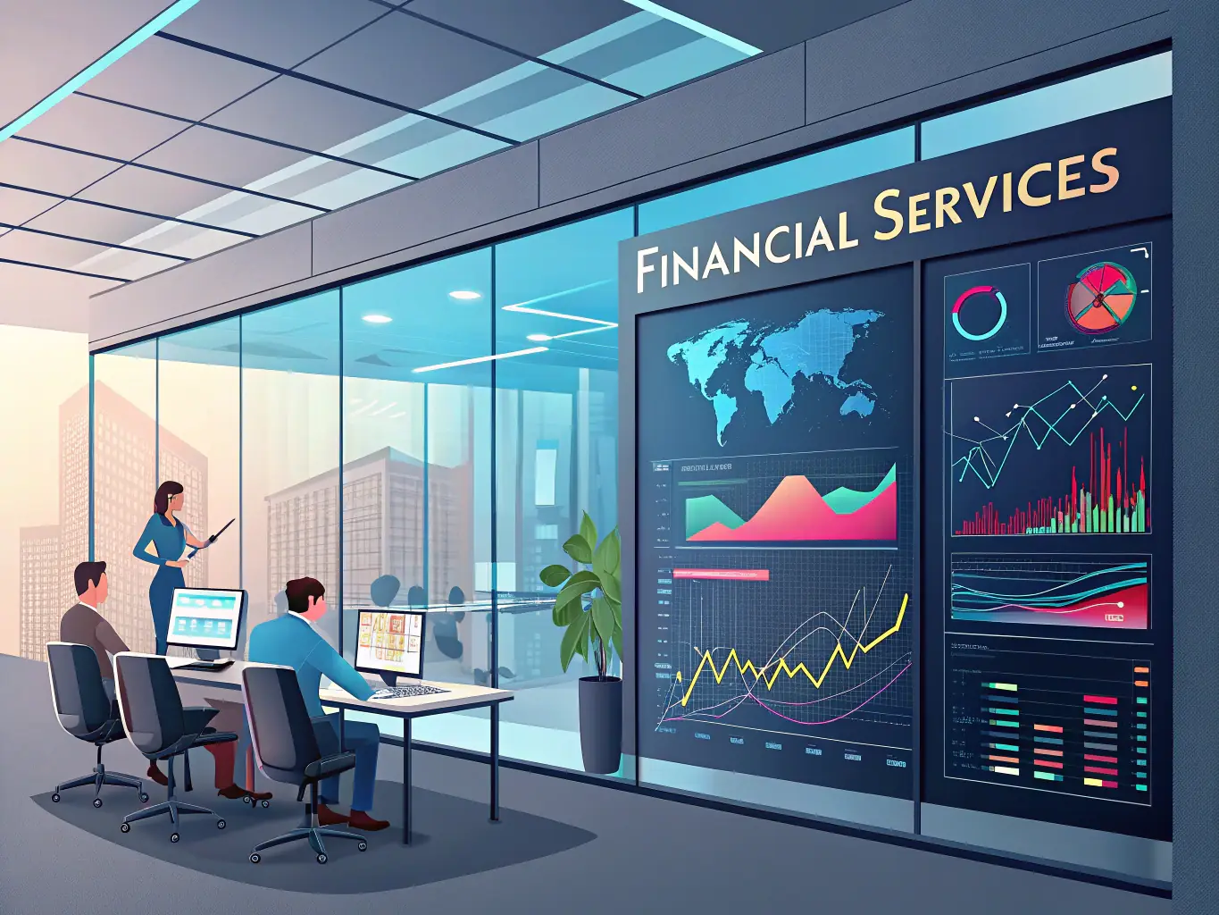A professional workspace featuring a team collaborating on digital banking solutions, emphasizing the integration of technology and finance at Investkredit Bank AG.